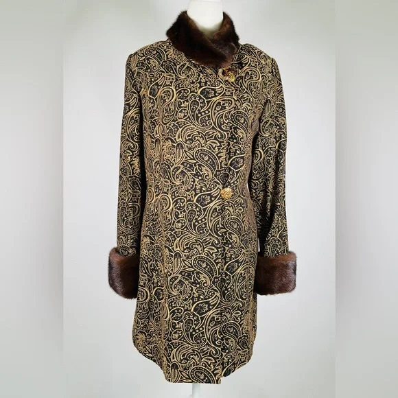 LILLY & TAYLOR NY PARIS brocade genuine mink color and cuffs coat jacket - Picture 3 of 10